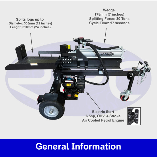 Black Diamond 30‑Ton Petrol Log Splitter – Electric Start, 6.5HP Engine, Horizontal/Vertical