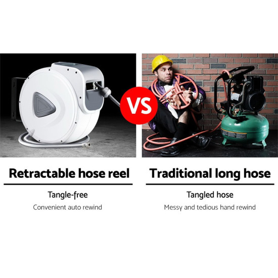 Giantz 10m Retractable Air Hose Reel – Auto Rewind, Wall Mount, 180° Swivel