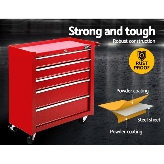 Giantz 5 Drawer Tool Trolley – Lockable Steel Storage - RED
