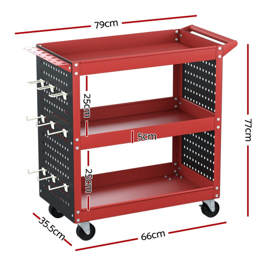 Giantz 3-Tier Tool Cart - Pegboard Storage Hooks - Red