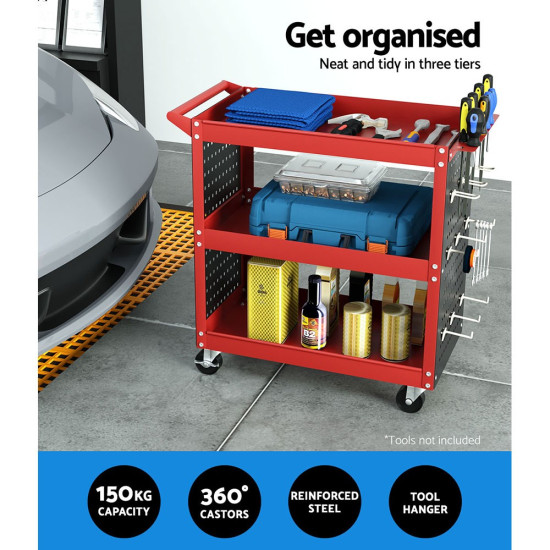 Giantz 3-Tier Tool Cart - Pegboard Storage Hooks - Red