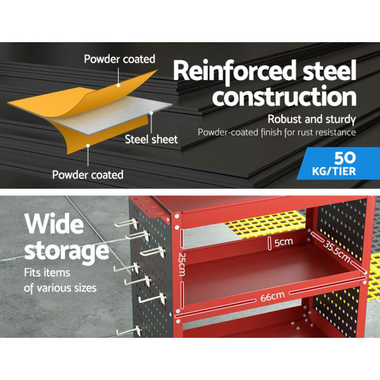 Giantz 3-Tier Tool Cart - Pegboard Storage Hooks - Red