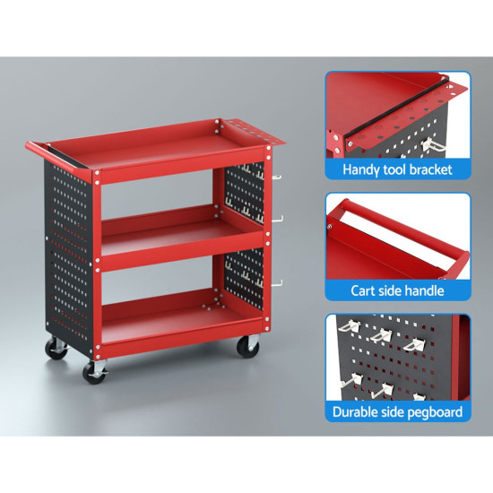 Giantz 3-Tier Tool Cart - Pegboard Storage Hooks - Red