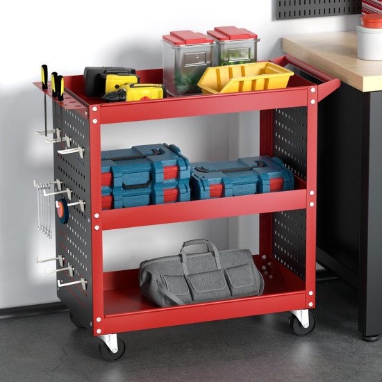 Giantz 3-Tier Tool Cart - Pegboard Storage Hooks - Red