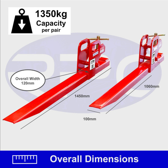 1350kg - Front End Bucket Loader Clamp on Fork Extensions