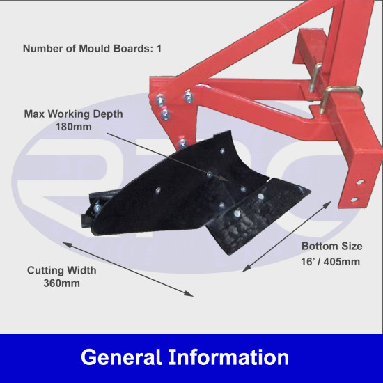 Single Furrow Mouldboard Plough – Cat 1, 16” Bottom, Primary Tillage