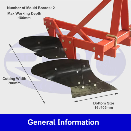 Two Furrow Mouldboard Plough – Cat 1, Dual 16” Bottoms, Primary Tillage